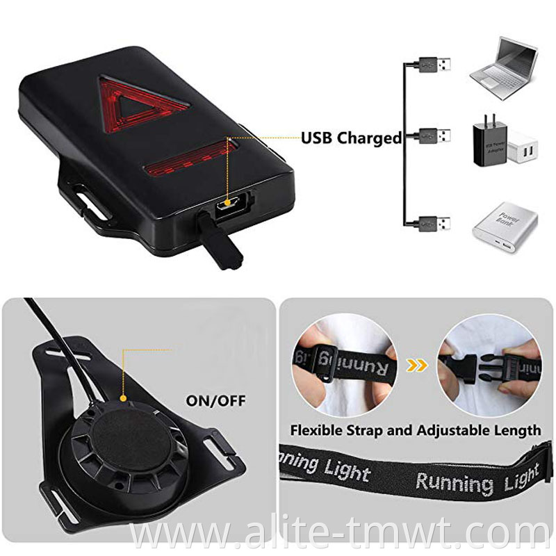 USB Rechargeable Adjustable Strap Night Running Chest Running Light With Warning Triangle Taillight